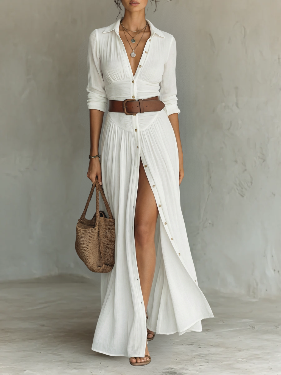 Kaye Notched Collar Pleated Maxi Dress in White