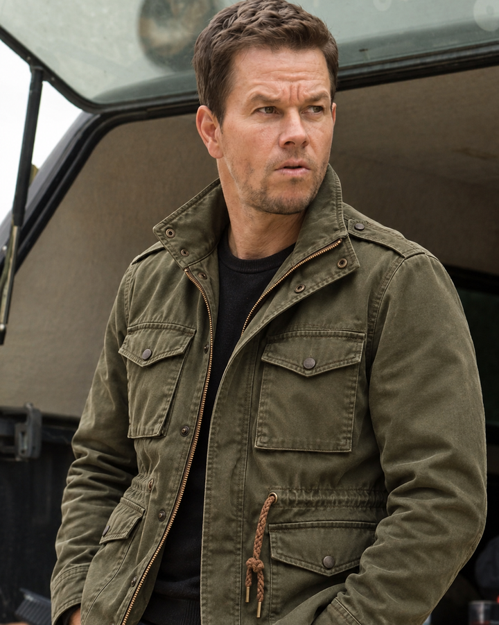 Michael Sydney men's M-65 field jacket in khaki green, worn outdoors