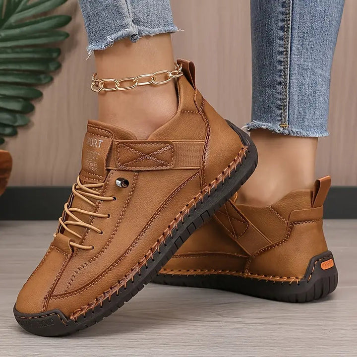 Jillian Stitched Strap Lace-Up Sneakers in Brown