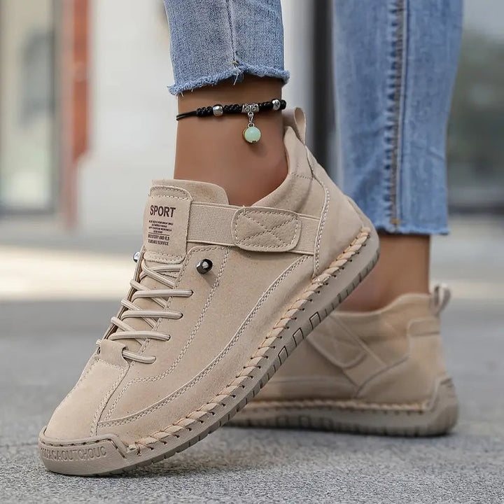Jillian Stitched Strap Lace-Up Sneakers in Khaki