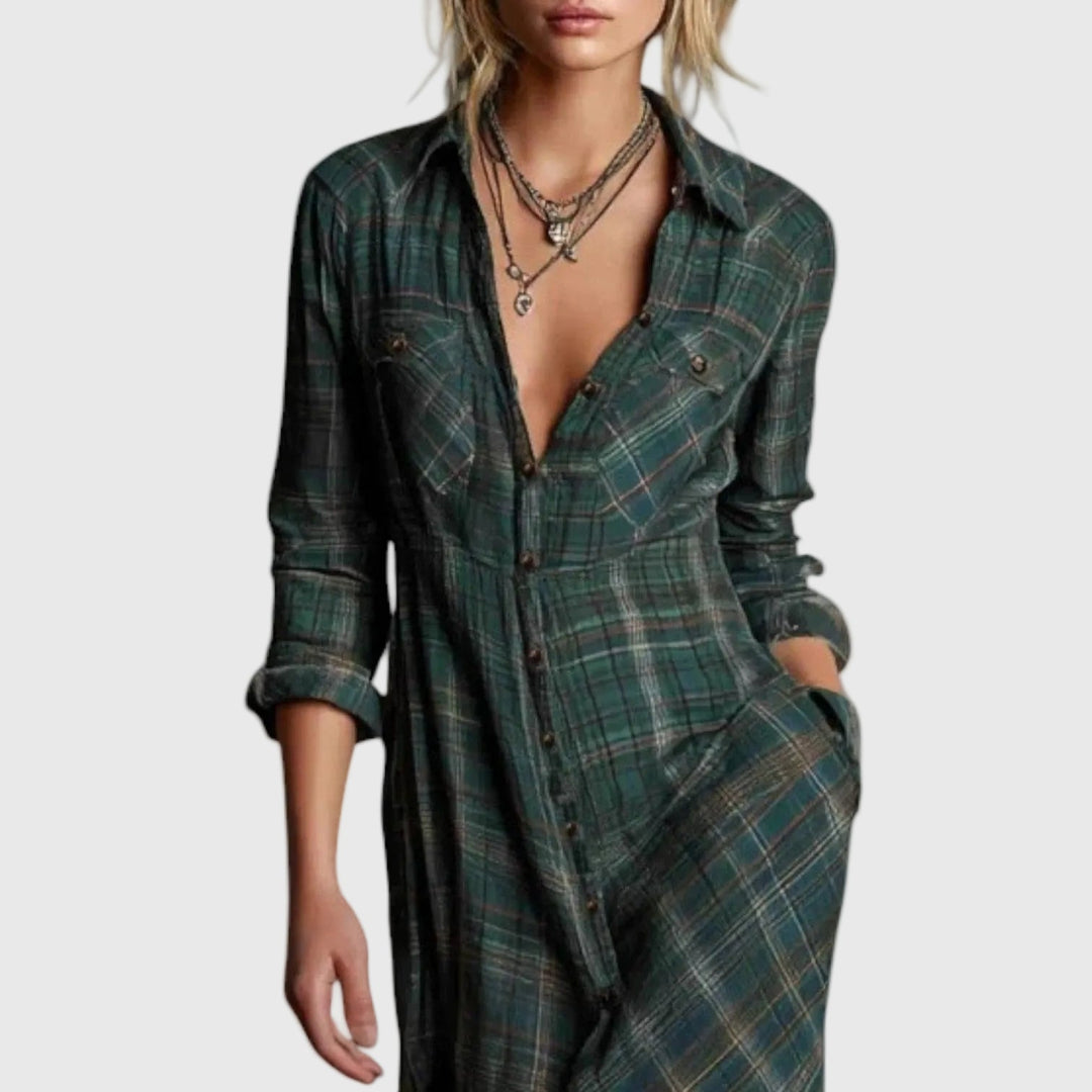 Katherine™ | Green Check Maxi Shirt Dress