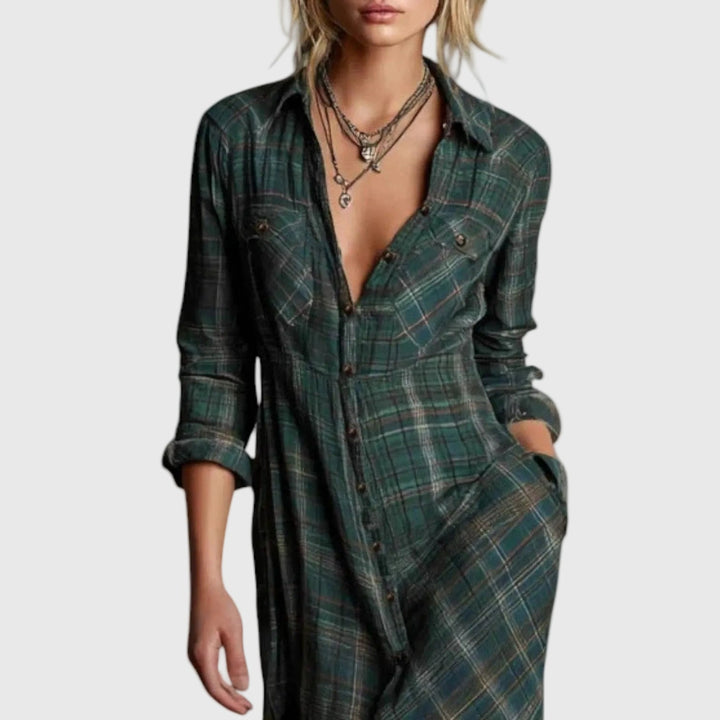 Katherine™ | Green Check Maxi Shirt Dress