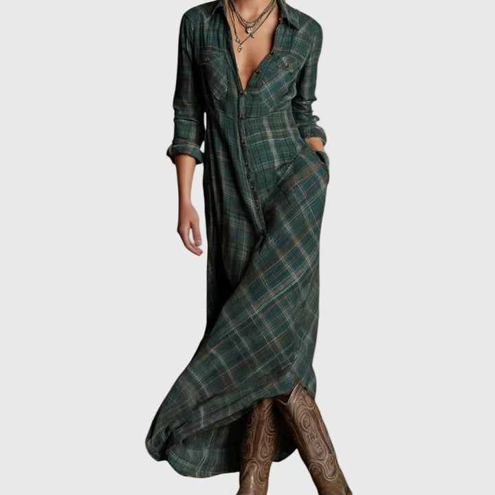 Katherine™ | Green Check Maxi Shirt Dress