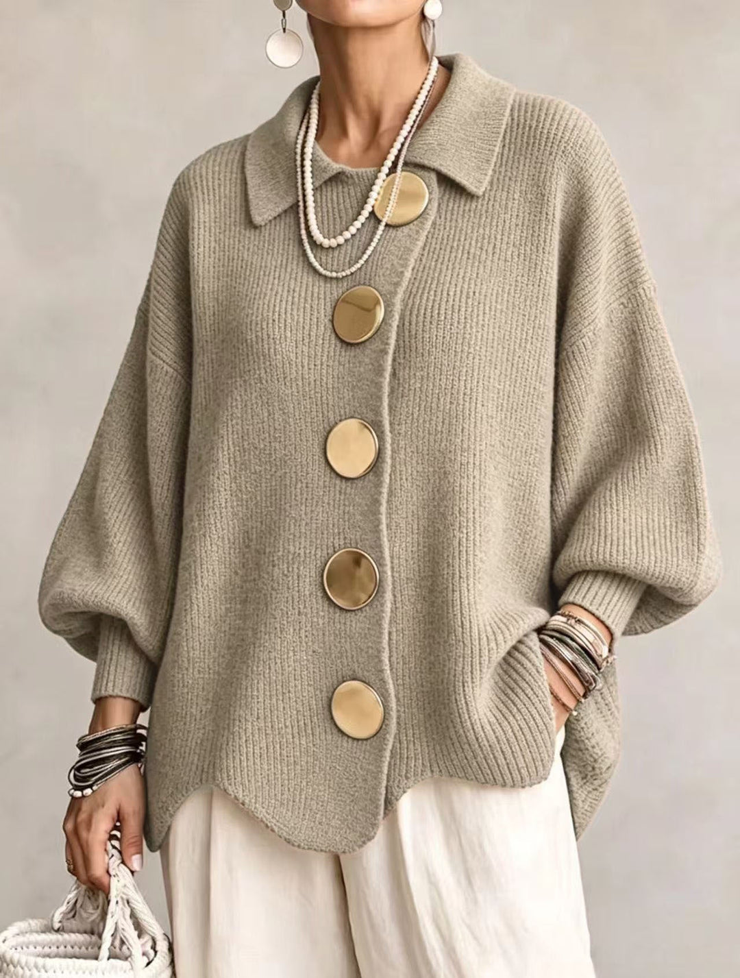 Trish Oversized Collared Cardigan in Khaki