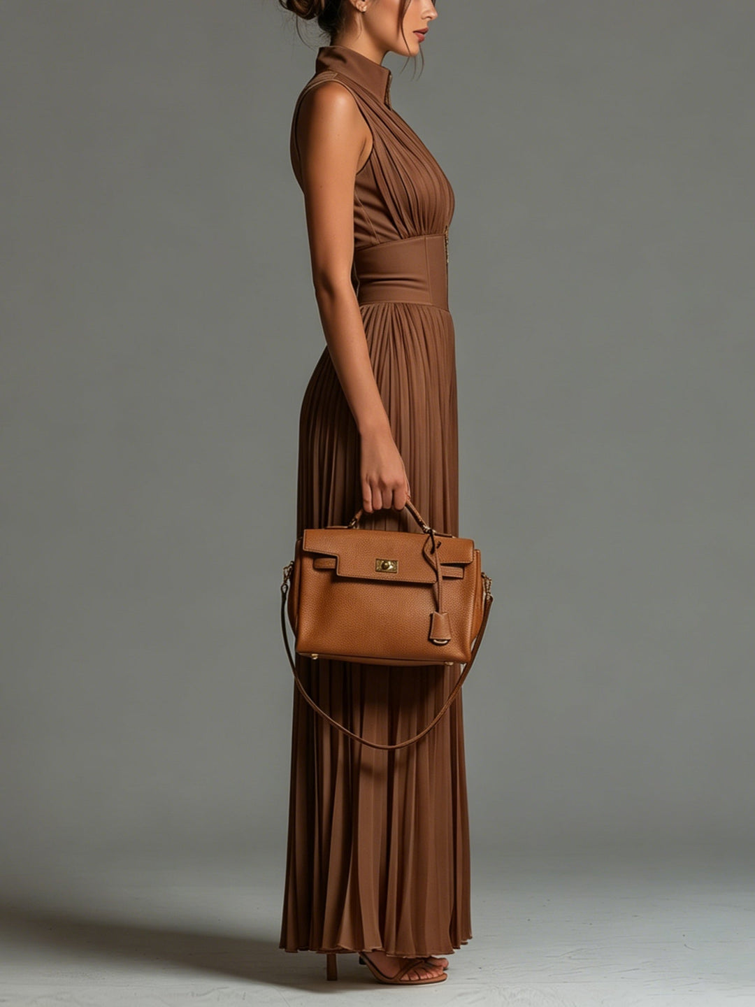 Kerry Pleated Halter Wide-Leg Jumpsuit in Chocolate Brown