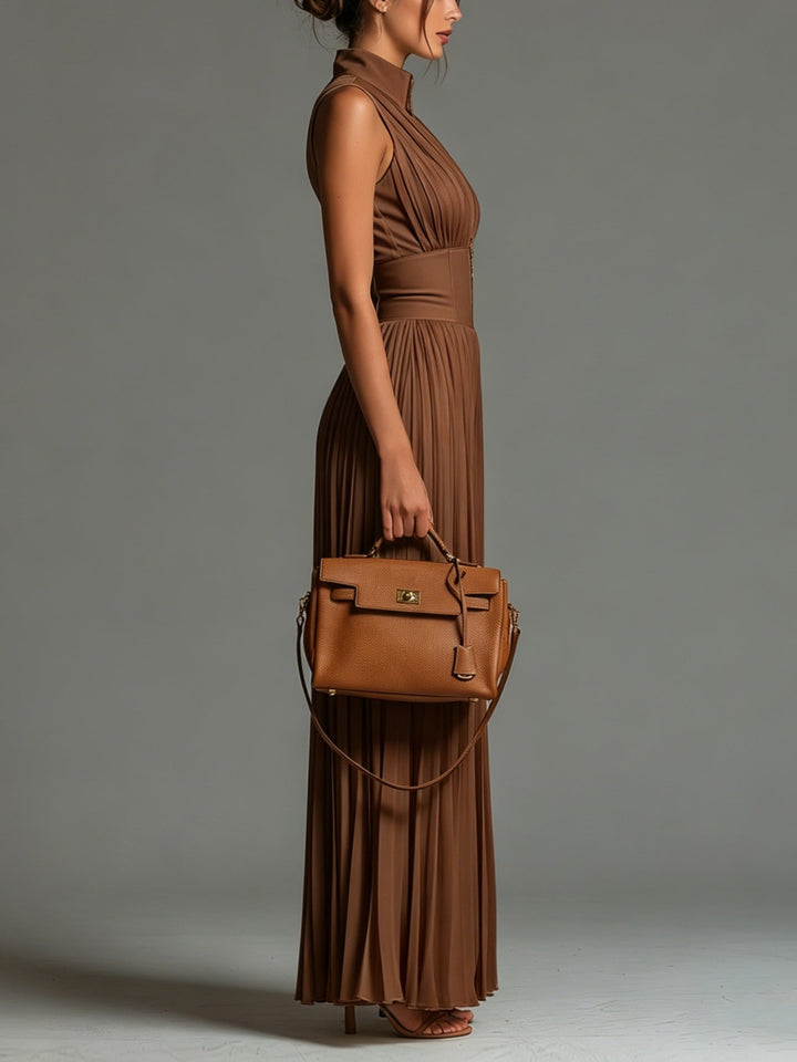 Kerry Pleated Halter Wide-Leg Jumpsuit in Chocolate Brown