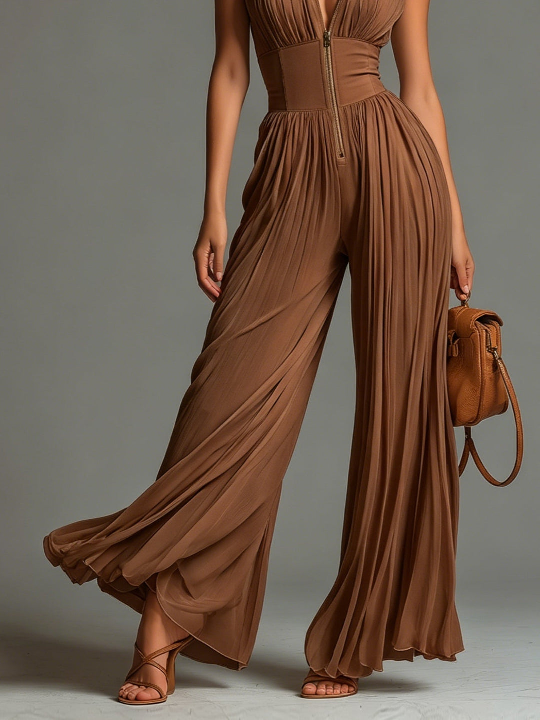 Kerry Pleated Halter Wide-Leg Jumpsuit in Chocolate Brown