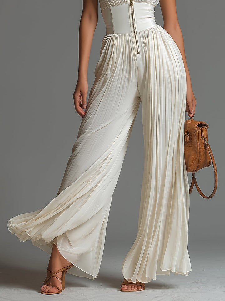 Kerry Pleated Halter Wide-Leg Jumpsuit in Ivory
