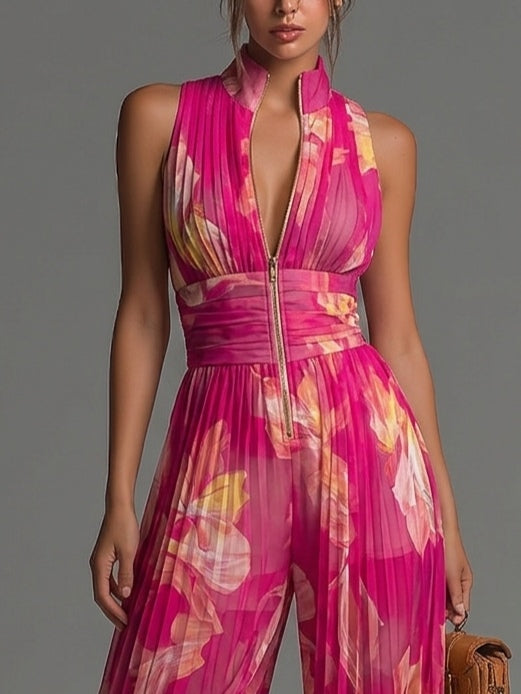 Kerry Pleated Halter Wide-Leg Jumpsuit in Fuchsia Floral