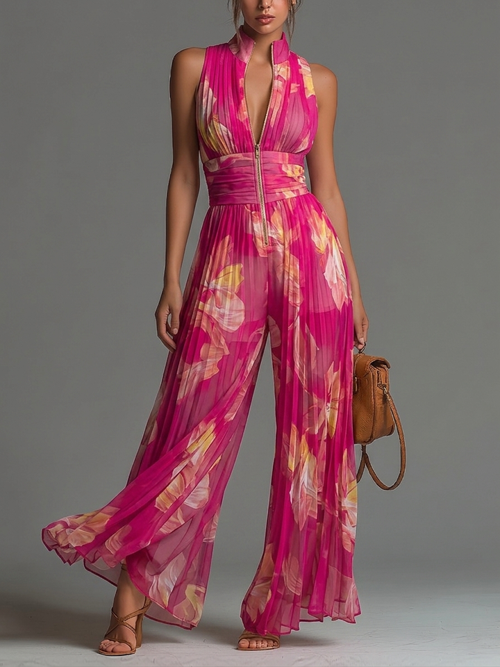 Kerry Pleated Halter Wide-Leg Jumpsuit in Fuchsia Floral