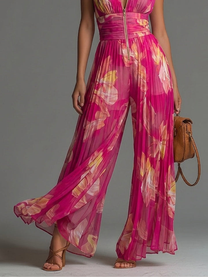 Kerry Pleated Halter Wide-Leg Jumpsuit in Fuchsia Floral