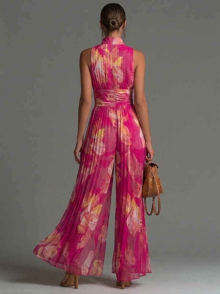 Kerry Pleated Halter Wide-Leg Jumpsuit in Fuchsia Floral