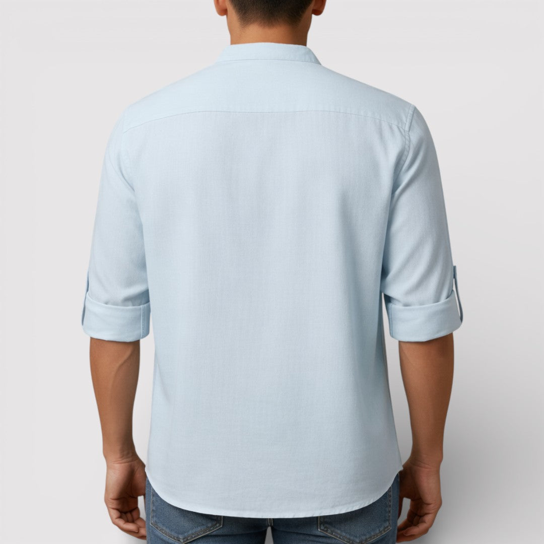 Michael Sydney men's band collar shirt, front view