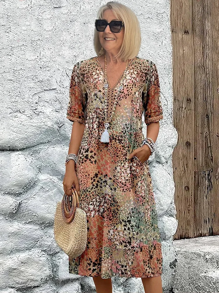 Tracie Printed Tiered Midi Dress in Beige