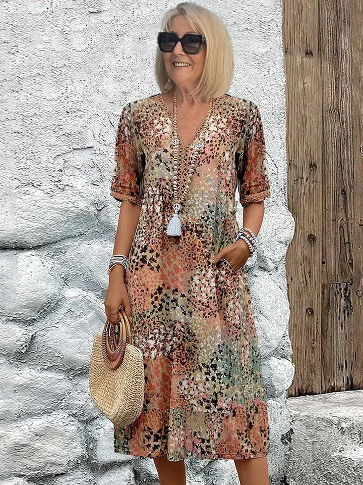 Tracie Printed Tiered Midi Dress in Beige