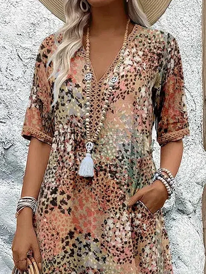 Tracie Printed Tiered Midi Dress in Beige