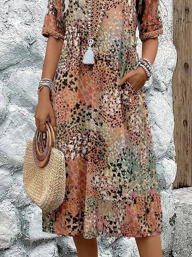 Tracie Printed Tiered Midi Dress in Beige