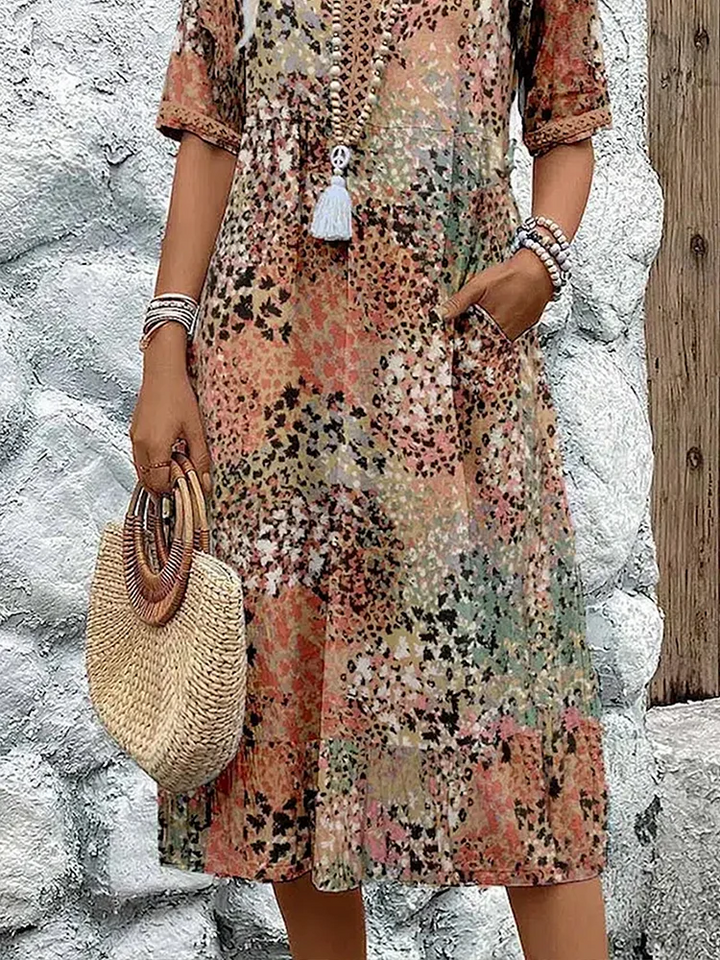 Tracie Printed Tiered Midi Dress in Beige