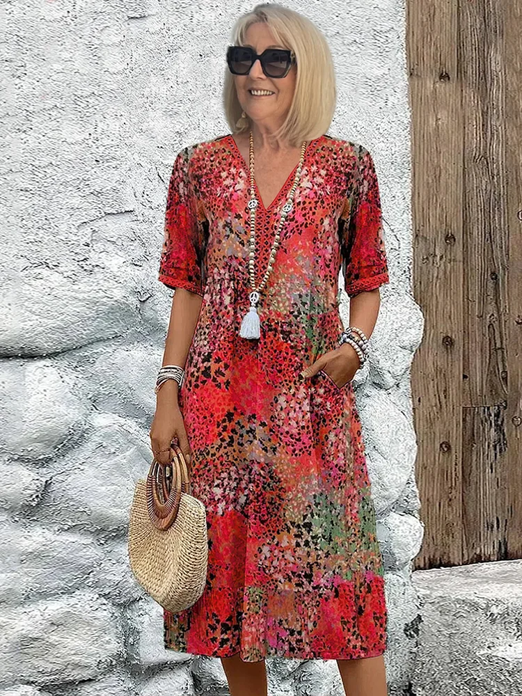 Tracie Printed Tiered Midi Dress in Red