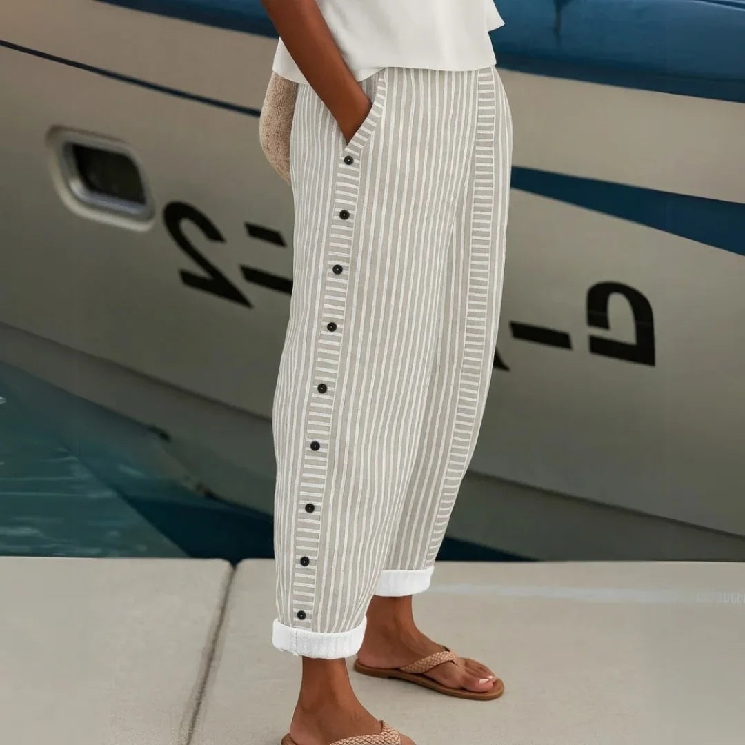 Glenys side-button striped pants in cream