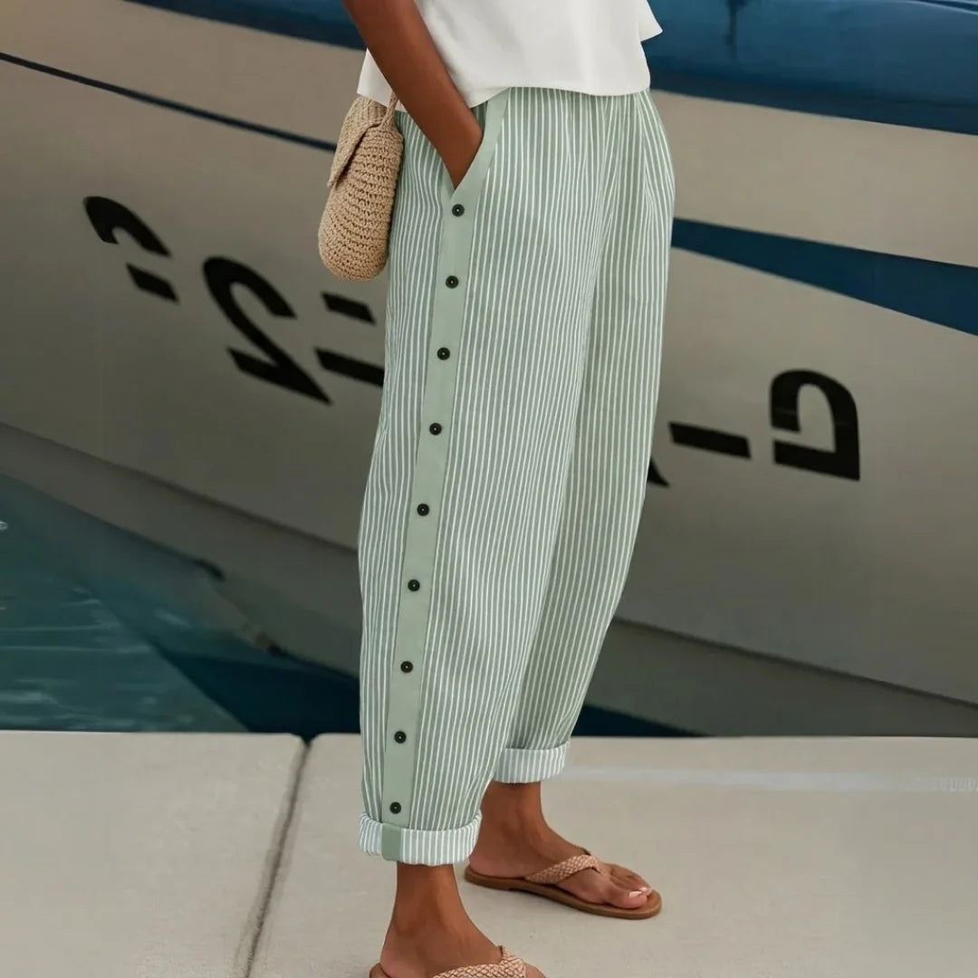 Glenys side-button striped pants in sage green