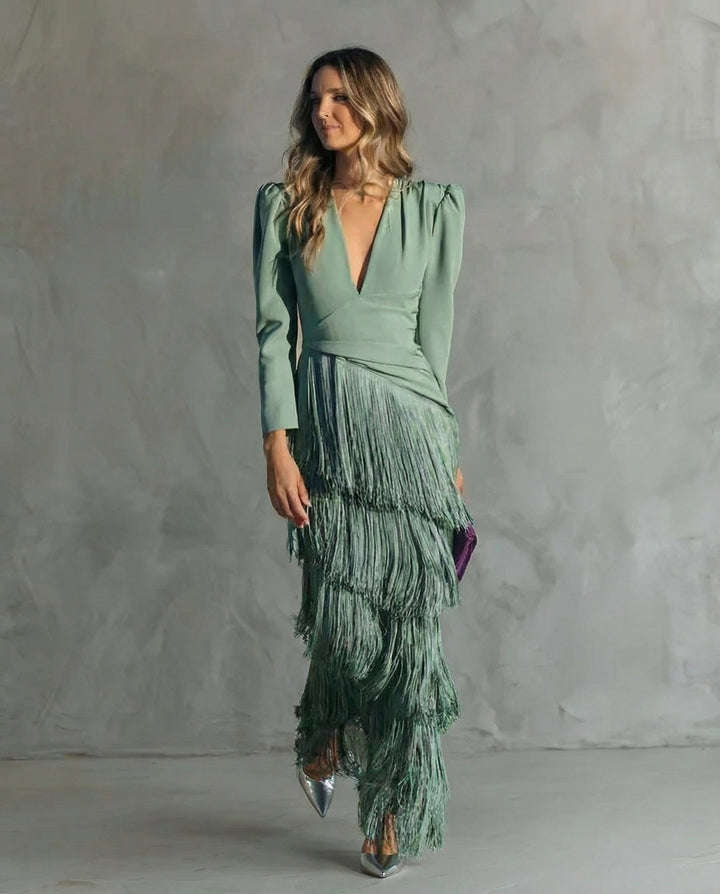 Lana Fringed Tiered Maxi Dress in Sage Green