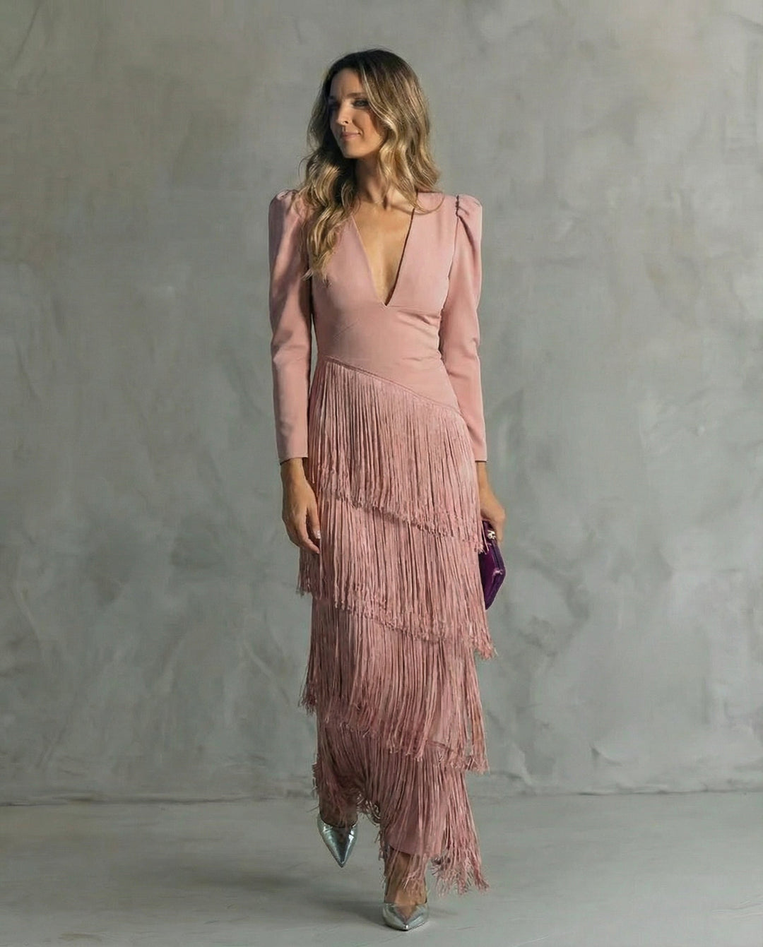 Lana Fringed Tiered Maxi Dress in Dusty Pink
