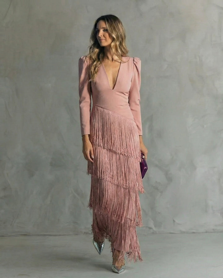 Lana Fringed Tiered Maxi Dress in Dusty Pink