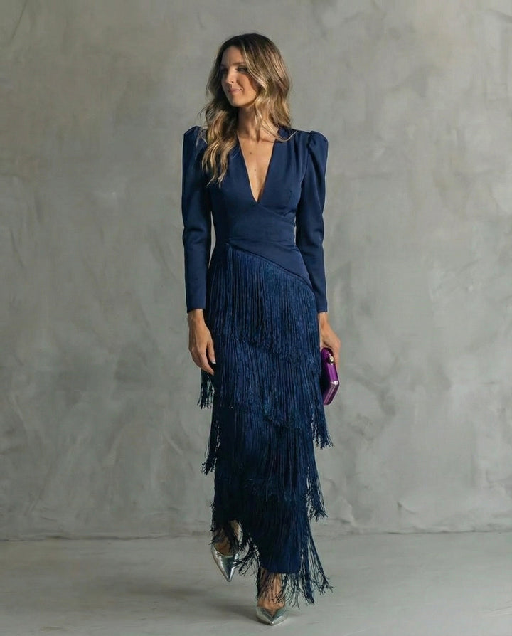 Lana Fringed Tiered Maxi Dress in Navy Blue