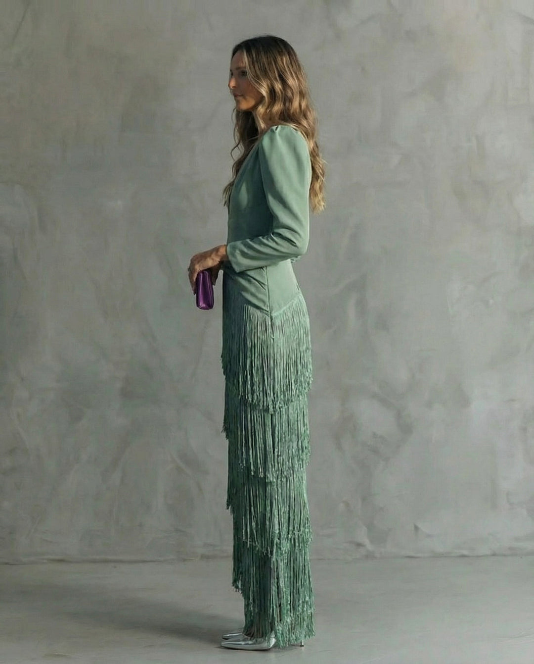 Lana Fringed Tiered Maxi Dress in Sage Green