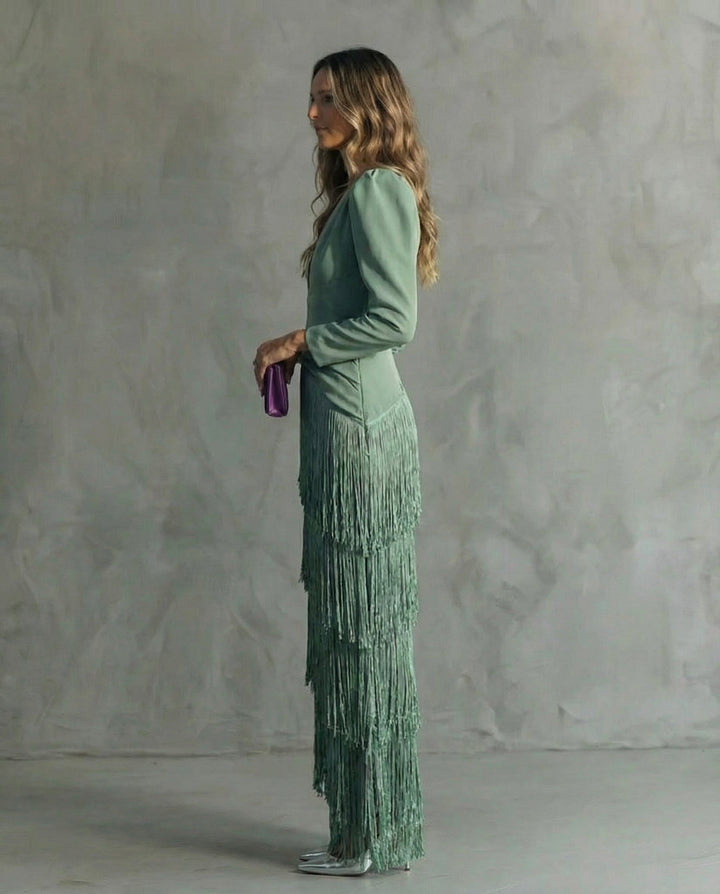 Lana Fringed Tiered Maxi Dress in Sage Green