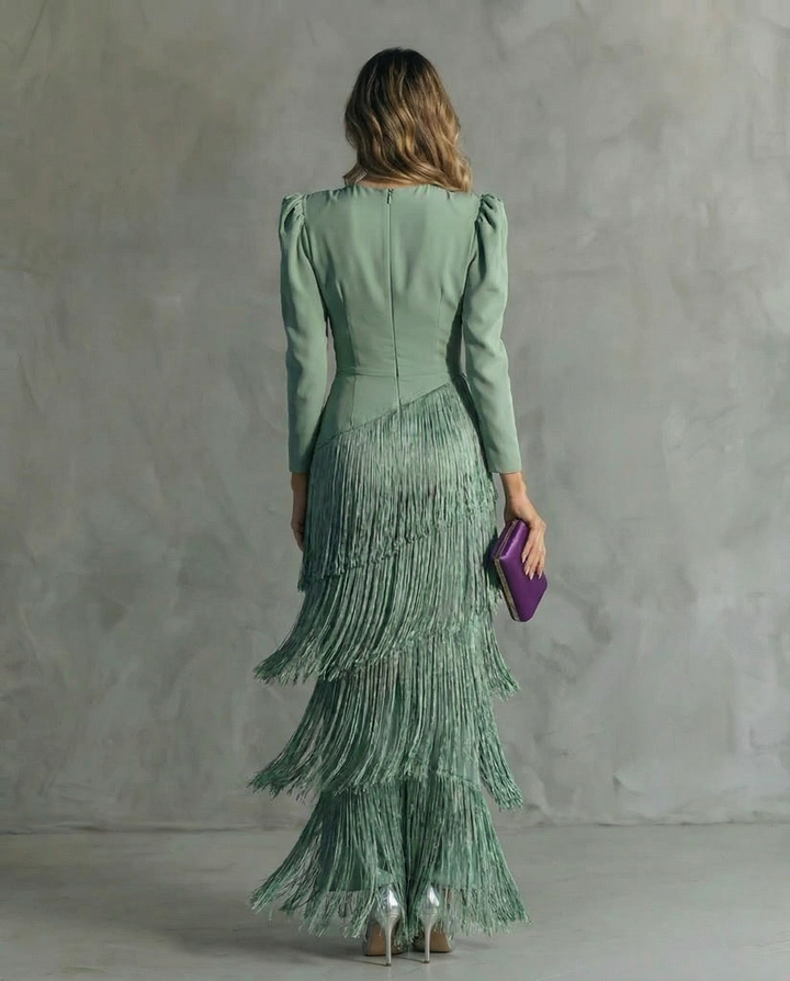 Lana Fringed Tiered Maxi Dress in Sage Green