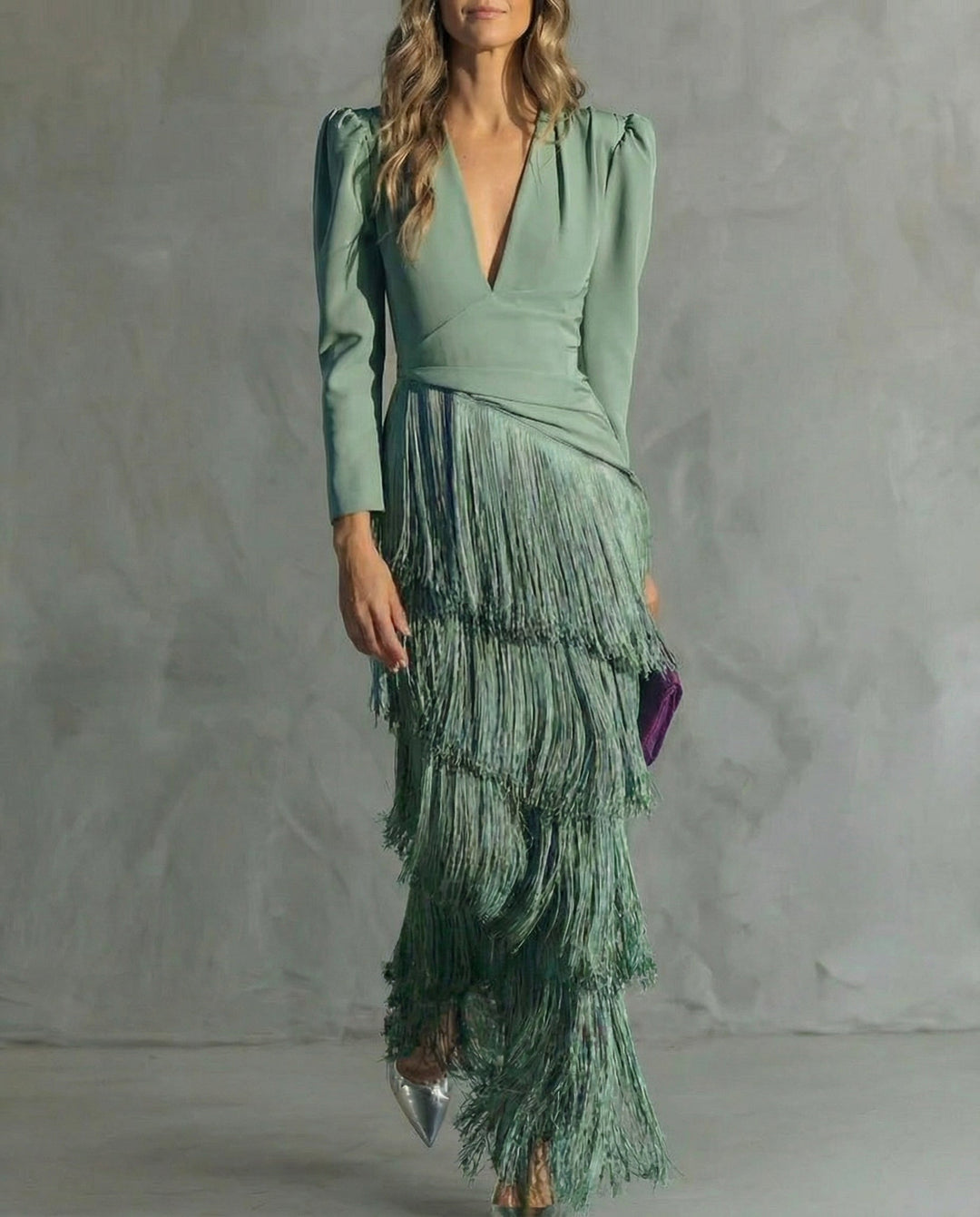 Lana Fringed Tiered Maxi Dress in Sage Green