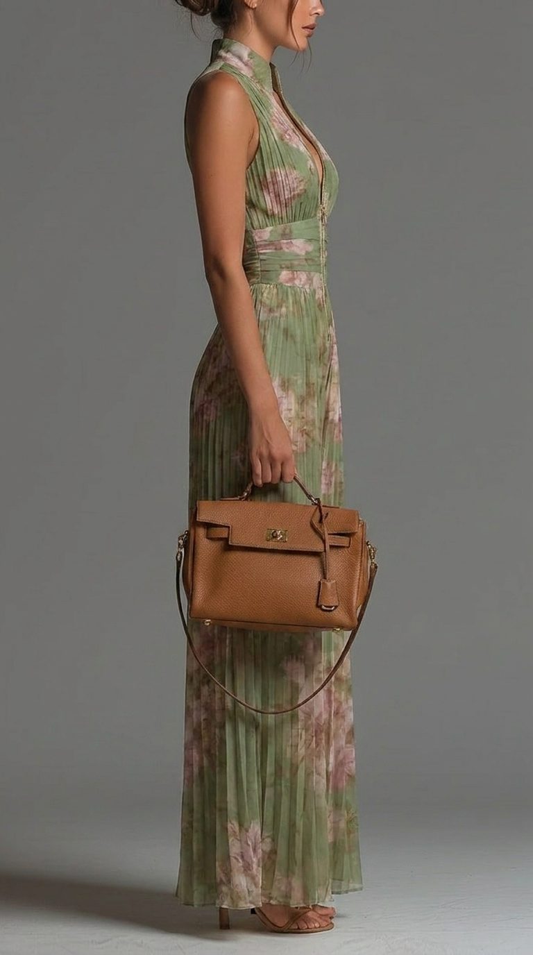 Kerry Pleated Halter Wide-Leg Jumpsuit in Sage Green Floral