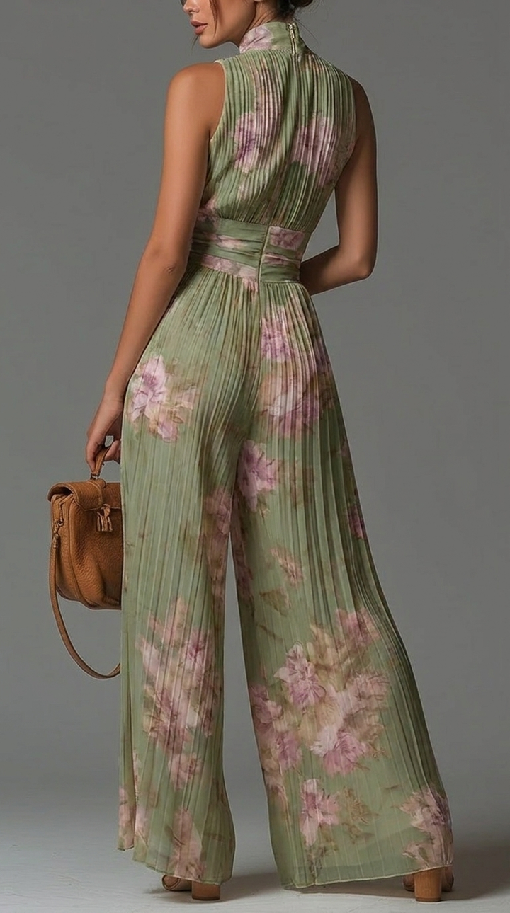 Kerry Pleated Halter Wide-Leg Jumpsuit in Sage Green Floral