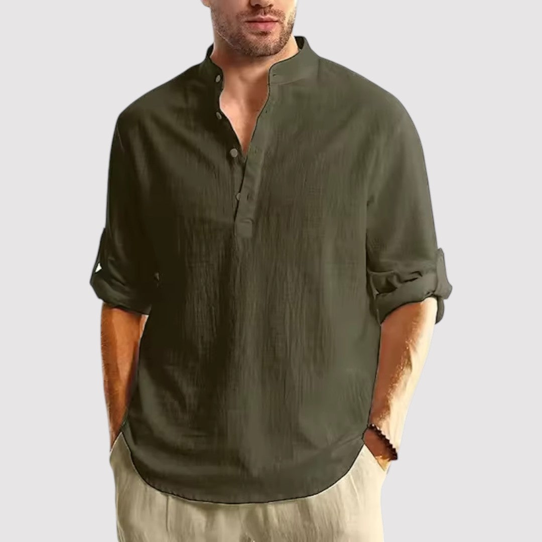 Michael Sydney men's band collar shirt, front view