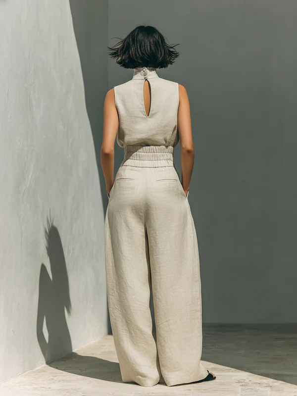 Lynette Sleeveless Top & Wide-Leg Set in Beige