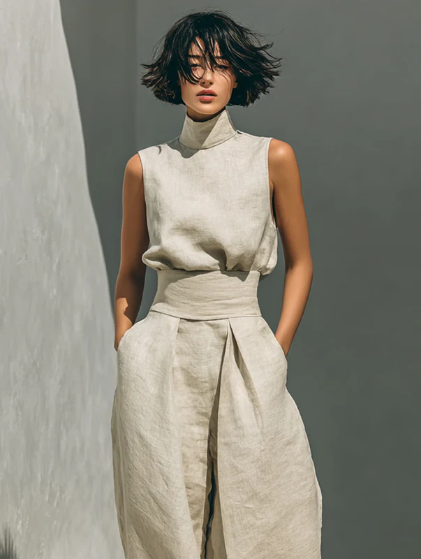 Lynette Sleeveless Top & Wide-Leg Set in Beige