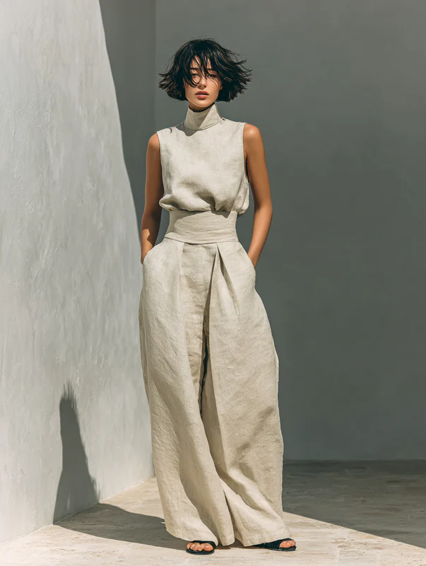 Lynette Sleeveless Top & Wide-Leg Set in Beige