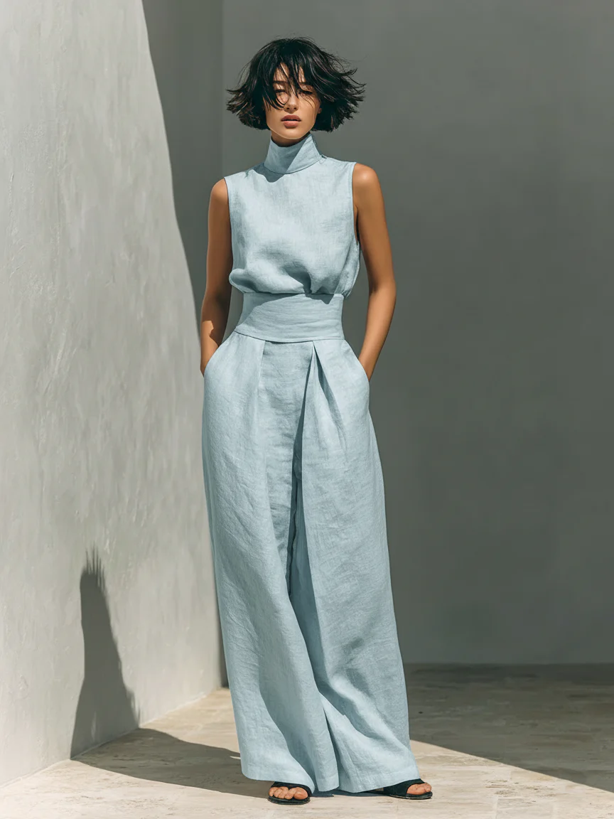 Lynette Sleeveless Top & Wide-Leg Set in Light Blue