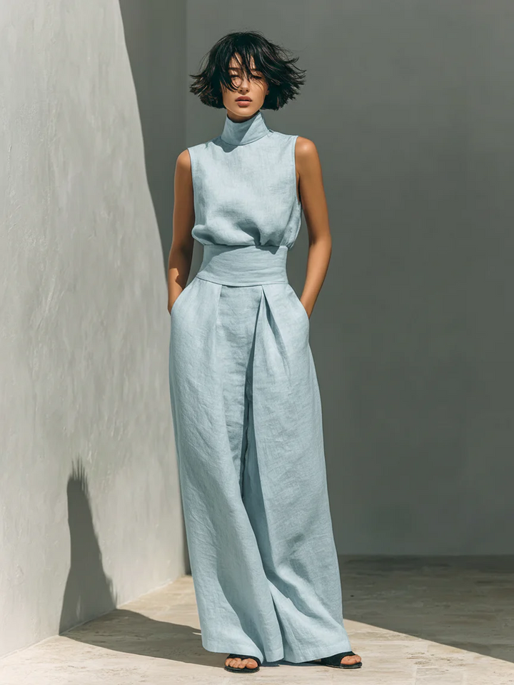Lynette Sleeveless Top & Wide-Leg Set in Light Blue