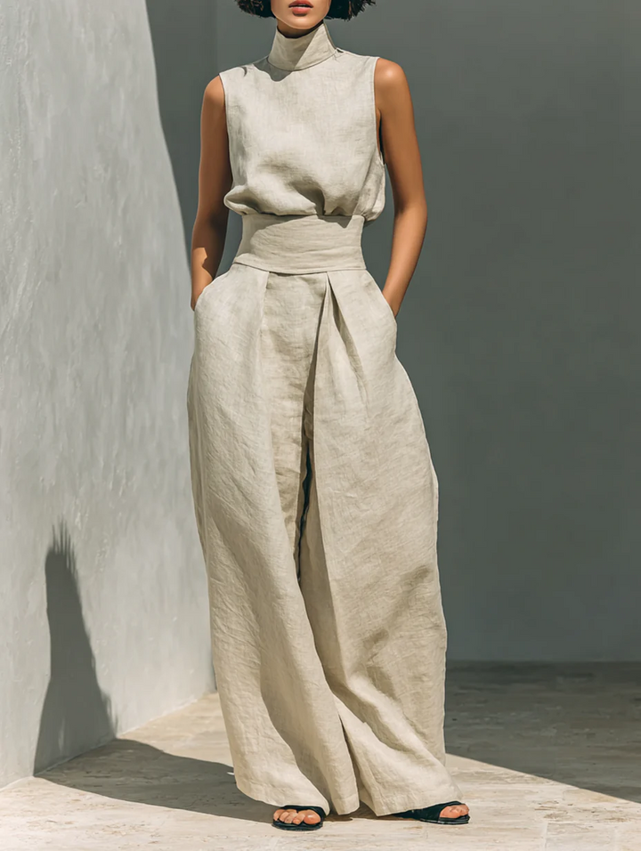 Lynette Sleeveless Top & Wide-Leg Set in Beige