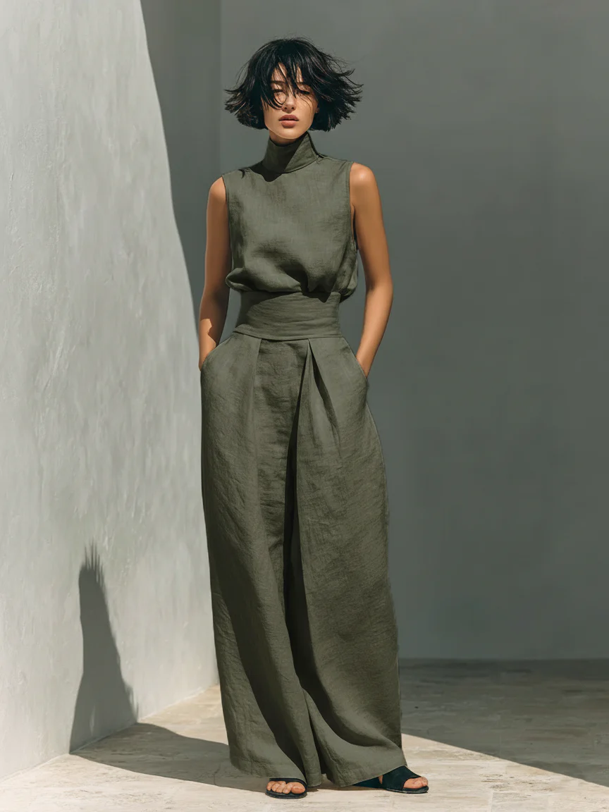 Lynette Sleeveless Top & Wide-Leg Set in Olive Green