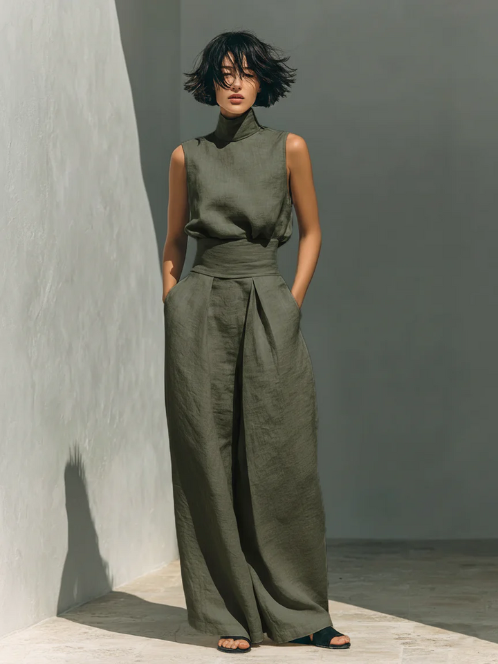Lynette Sleeveless Top & Wide-Leg Set in Olive Green