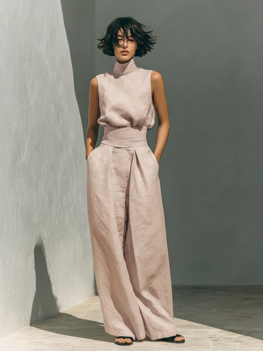 Lynette Sleeveless Top & Wide-Leg Set in Blush Pink