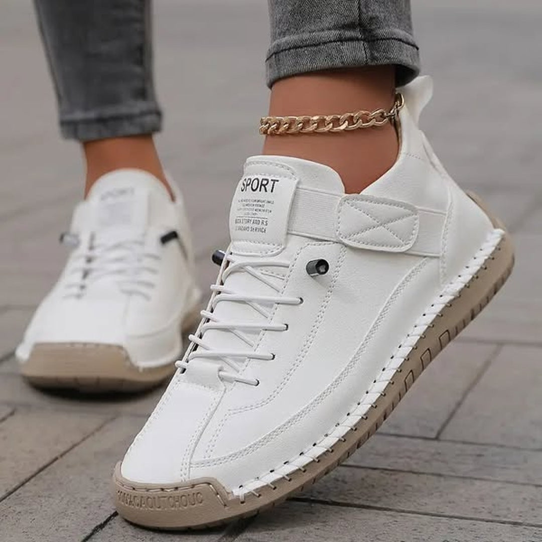 Jillian Stitched Strap Lace-Up Sneakers in white, close-up