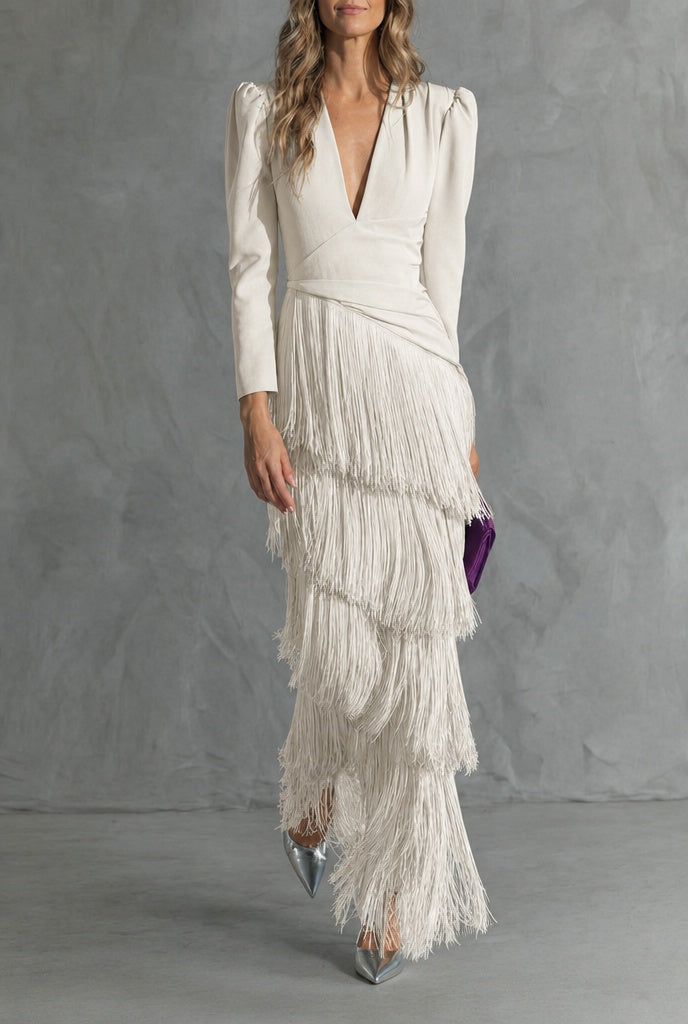 Lana Fringed Tiered Maxi Dress in White