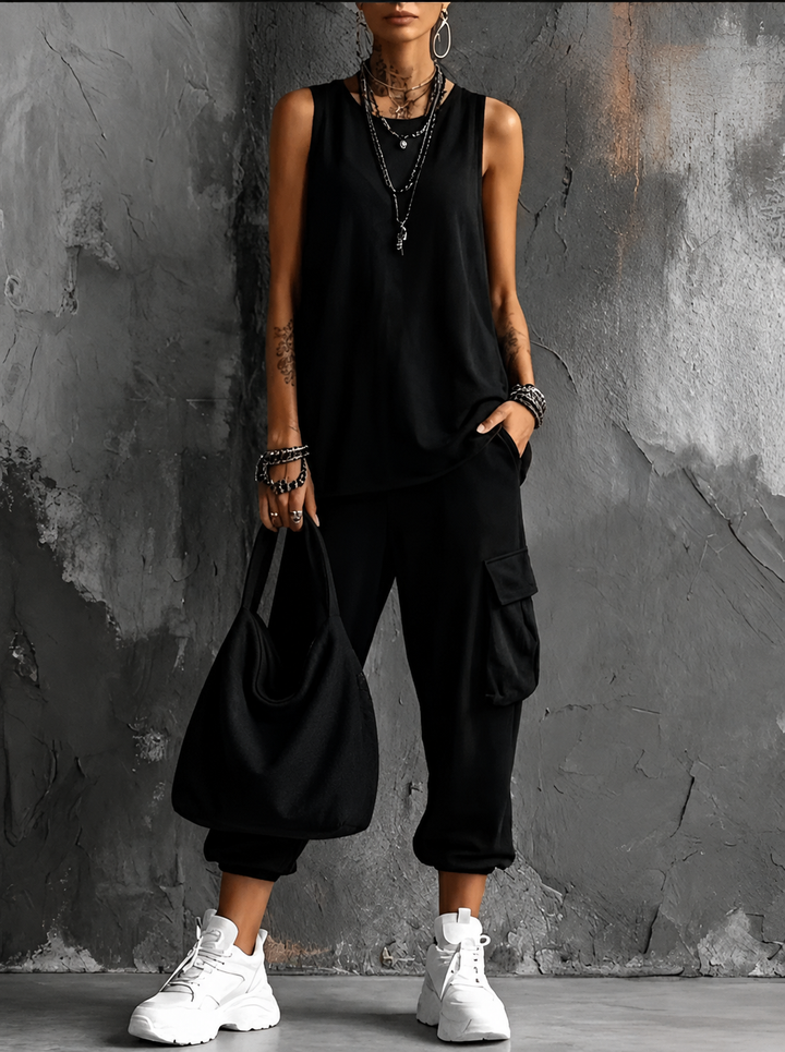 Roseanne sleeveless cargo jogger set in black with black shoulder bag
