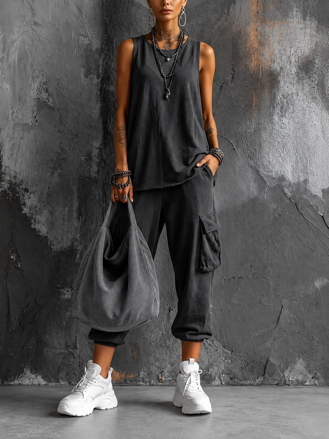 Roseanne sleeveless cargo jogger set in dark grey with grey shoulder bag