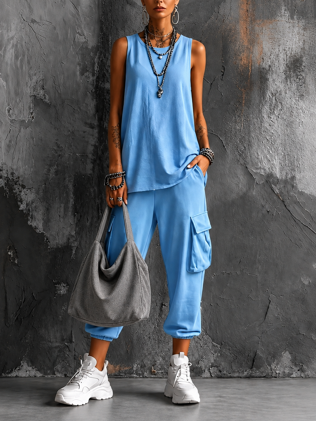 Roseanne sleeveless cargo jogger set in light blue with grey shoulder bag